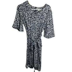 Boden Ines Leaf Print Dress Womens 2P Tie Waist Shift Navy Blue White V-Neck